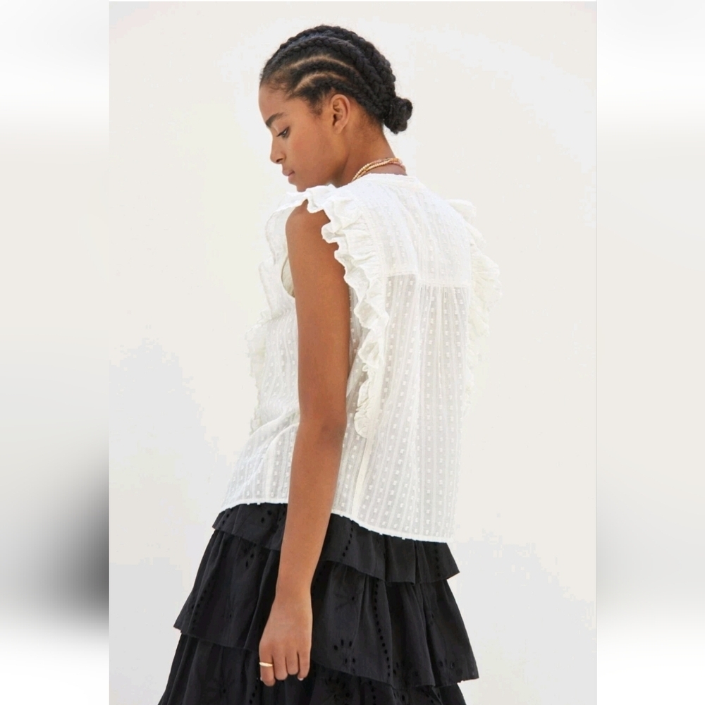 Anthropologie Pilcro Ruffled Buttondown Metallic Swiss Dot Top in Ivory, Size XL - Picture 4 of 8